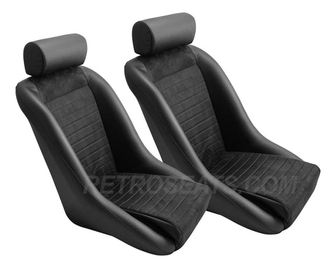 Retro Classic Vintage Racing Bucket Seats Black MICROSUEDE W Sliders (PAIR)